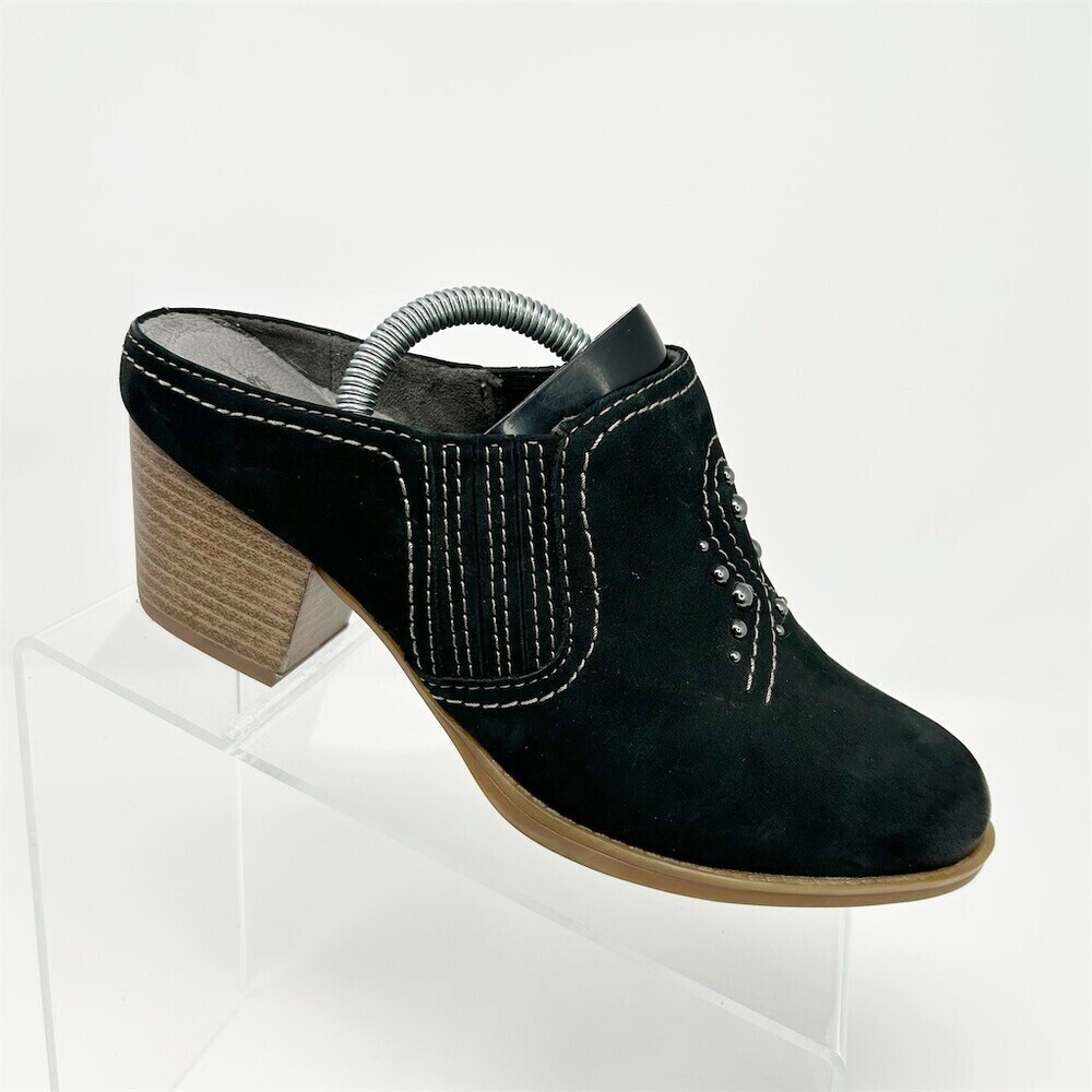 Earth Women's Black Suede Mule Clogs Western Studded Stitching Block Heel 7 Wide